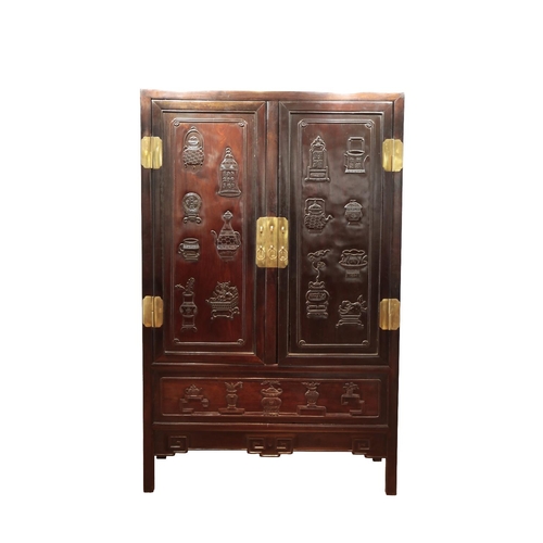 35 - GOOD PAIR OF CARVED ZITAN COMPOUND CABINETS, QING DYNASTY 18TH / 19TH CENTURY the two doors carved i... 