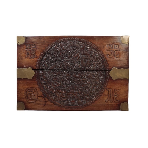 4 - CARVED HUANGHUALI 'TREASURE' BOX, QING DYNASTY the brass bound rectangular box finely carved with fi... 