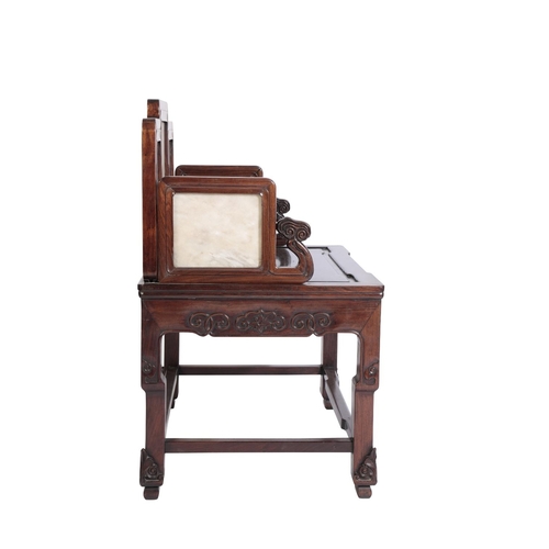 5 - SMALL HUANGHUALI THRONE CHAIR, QING DYNASTY 18TH CENTURY the panelled back and Ruyi-head carved arms... 