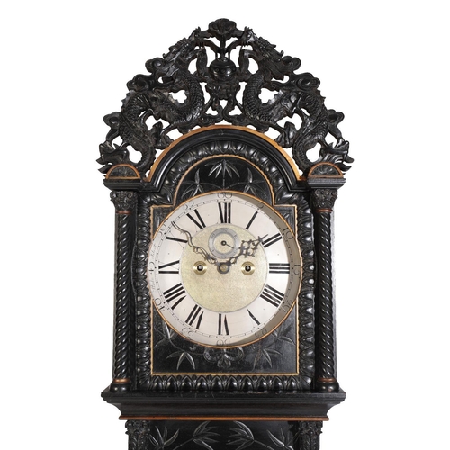 59 - ANGLO-CHINESE EBONISED LONGCASE CLOCK, SHANGHAI, EARLY 20TH CENTURY the case carved throughout with ... 