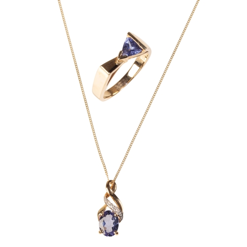 205 - A TANZANITE DRESS RING AND PENDANT NECKLACE the triangular-cut tanzanite set to one side on a shaped... 