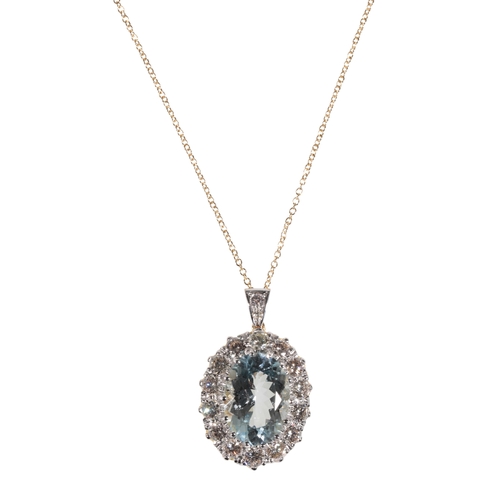 214 - AN AQUAMARINE AND DIAMOND PENDANT the aquamarine, approx 5.80ct, within a border of brilliant-cut di... 