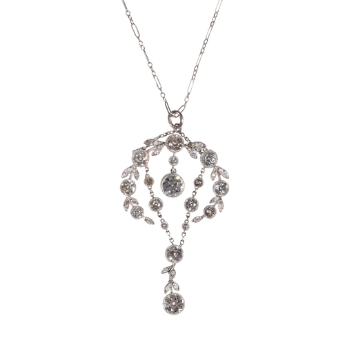 222 - A DIAMOND PENDANT NECKLACE, the central brilliant-cut diamond approx 0.85ct, suspended from a curved... 