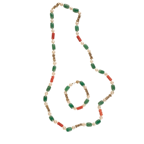 232 - A  JADEITE, CORAL, BLISTER PEARL AND GOLD NECKLACE AND  BRACELET SUITE the necklace consisting of ei... 