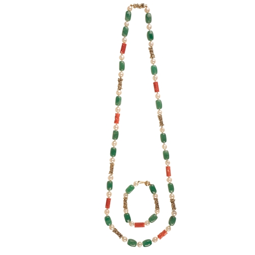 232 - A  JADEITE, CORAL, BLISTER PEARL AND GOLD NECKLACE AND  BRACELET SUITE the necklace consisting of ei... 