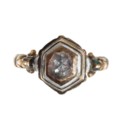 236 - A 17TH CENTURY DIAMOND SOLITAIRE RING the old-cut diamond collet-set in a stepped hexagon unmarked y... 