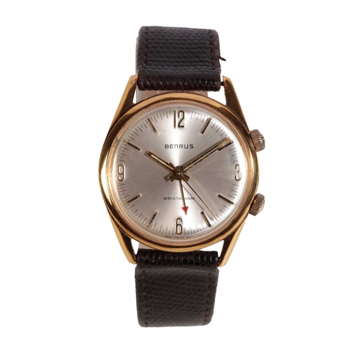 276 - BENRUS WRIST ALARM GOLD PLATED GENTLEMAN'S WRIST WATCH with manual wind movement, the silver dial wi... 