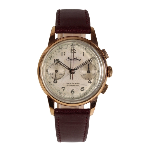 280 - BREITLING CHRONOGRAPH GENTLEMAN'S GOLD PLATED WRIST WATCH with manual wind movement, the silver dial... 