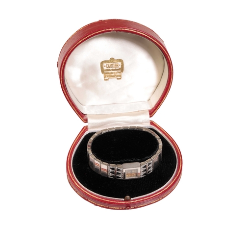 288 - VINTAGE CARTIER DIAMOND AND ONYX 18CT WHITE GOLD LADY'S WATCH with a faded square face displaying ro... 