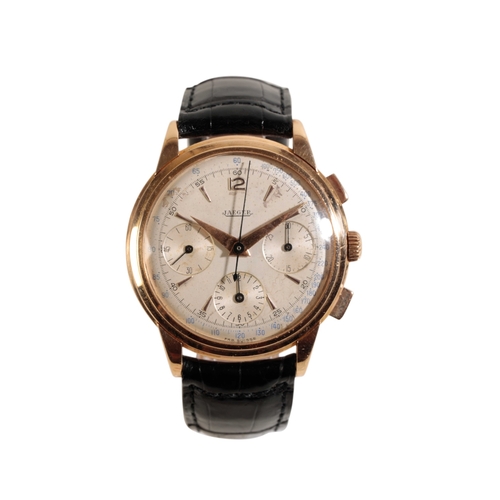 296 - JAEGER 18CT ROSE GOLD CHRONOGRAPH GENTLEMAN'S WRIST WATCH with manual wind movement, the silver dial... 