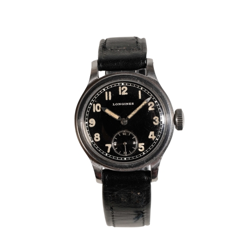 298 - LONGINES  GENTLEMAN'S STAINLESS STEEL WRIST WATCH with manual wind movement, the black dial with sub... 