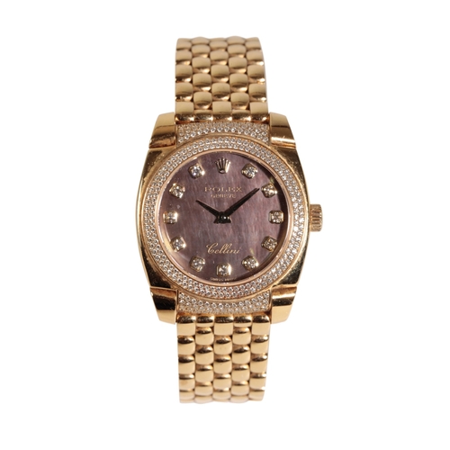 349 - ROLEX CELLINI LADIES 18CT GOLD BRACELET WATCH with Quartz movement, mother of pearl dial with diamon... 