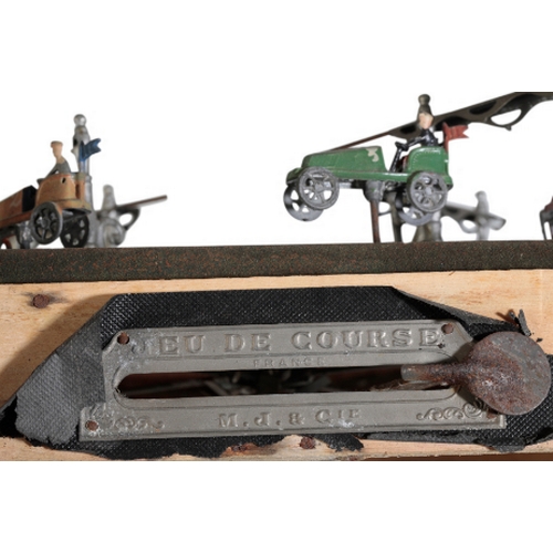 236 - A 1920'S FRENCH 'JEU DE COURSE' WIND UP RACING CAR GAME by M. J. & C company, the wooden base measur... 