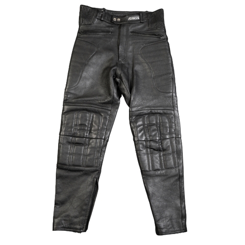 28 - A PAIR OF JTS MOTORCYCLE JEANS and a pair of Ashman leather jeans, both 32