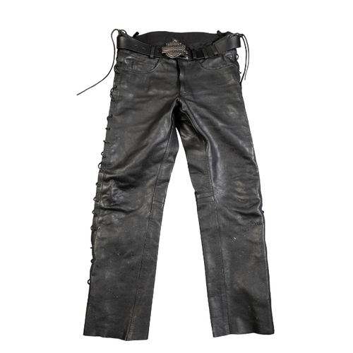 33 - A PAIR OF BIKER'S GEARBOX LEATHER LACED JEANS with a Harley Davidson buckle, 32