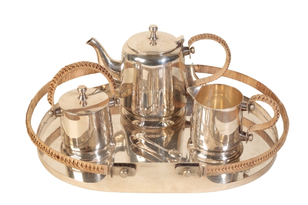 A 20TH CENTURY SILVER PLATED TEA SET by Ralph Lauren, consisting of a teapot,  sugar basin, cream jug