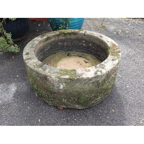 2 - A CIRCULAR STONE TROUGH, WITH TOOLED SURFACE suitable for a garden water feature 75cm diam, 33cm hig... 