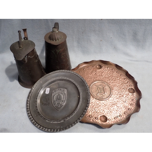 30 - A JOSEPH SANKEY & SONS ART NOUVEAU COPPER HOT WATER JUG an arts and crafts style copper tray, and ot... 