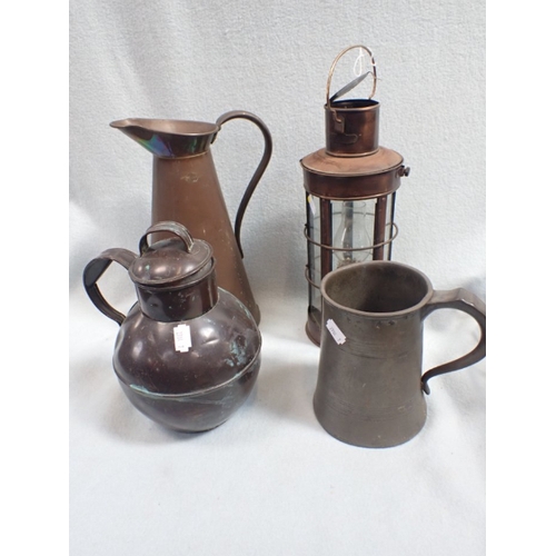 31 - A COPPER LANTERN, A GUERNSEY TYPE MILK JUG and other metalware