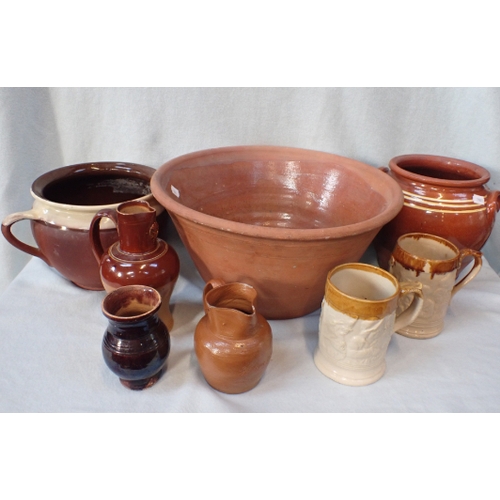 33 - A 19TH CENTURY COUNTRY POTTERY MIXING BOWL and other rustic pottery
