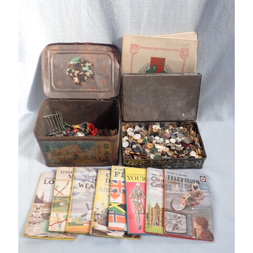 49 - A FEW METAL AND PLASTIC TOY SOLDIERS, AND SIMILAR a tin of buttons, J.Player cigarette cards, andLad... 