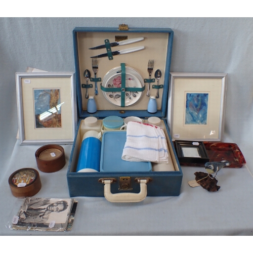 53 - A TWO-PERSON BREXTON PICNIC BOX AND SUNDRIES including a light blue two-person picnic box, two frame... 