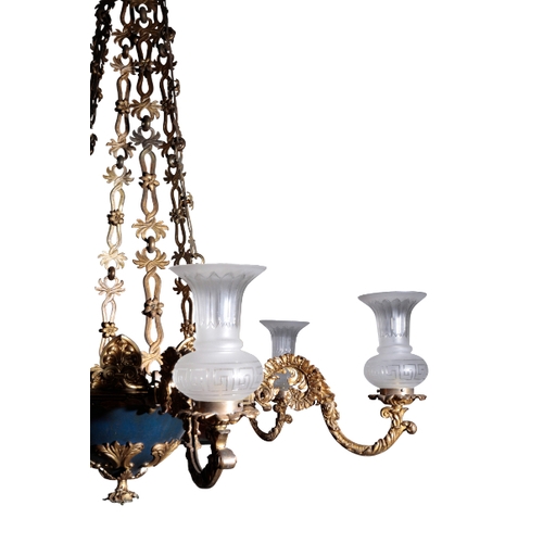 115 - A WILLIAM IV SIX-LIGHT GILT AND DARK-BLUE-PAINTED BRONZE CHANDELIER first half 19th century, the cir... 