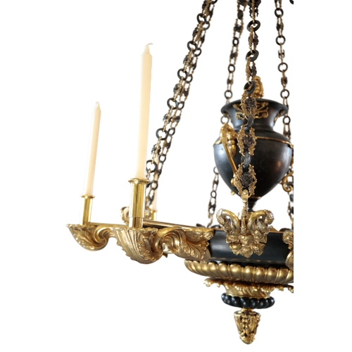 116 - A PAIR OF GILDED AND PATINATED BRONZE SEVEN-LIGHT COLZA OIL HANGING LIGHTS of Regency style, 20th ce... 