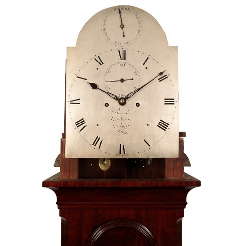 119 - A FINE LATE GEORGE III MAHOGANY LONGCASE CLOCK Recordon, late Emery's, London, the arched hood over ... 