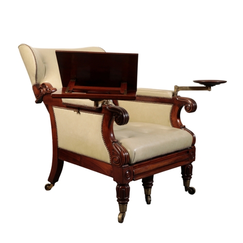 165 - A WILLIAM IV MAHOGANY RECLINING LIBRARY ARMCHAIR, first half 19th century, the curved padded back, s... 