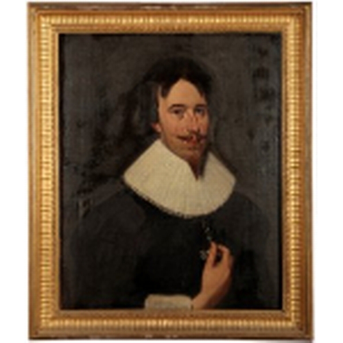 72 - ENGLISH SCHOOL, circa 1627 A portrait of a gentleman wearing a ruff and holding a tassel with his ri... 