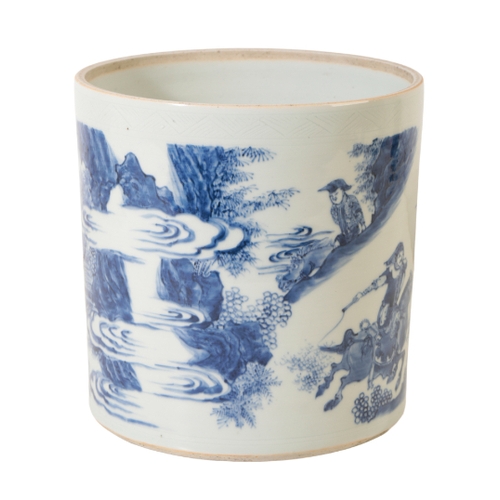 10 - A CHINESE BLUE AND WHITE BRUSHPOT of large size in the Transitional style, decorated with elegant fi... 