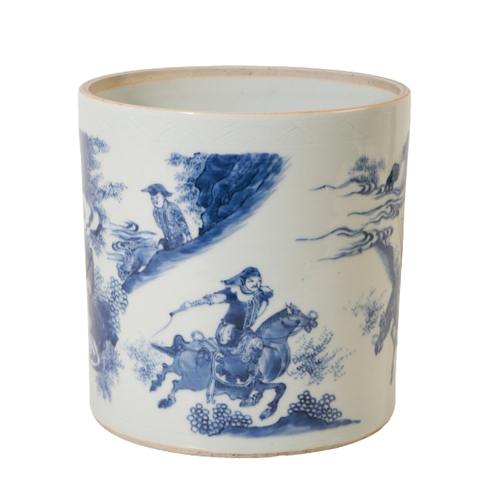 10 - A CHINESE BLUE AND WHITE BRUSHPOT of large size in the Transitional style, decorated with elegant fi... 