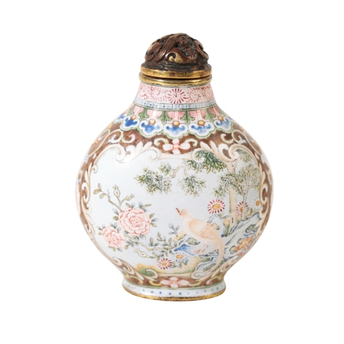 74 - A FINE CHINESE ENAMEL SNUFF BOTTLE decorated with panels of birds and flowers, the base with a four ... 