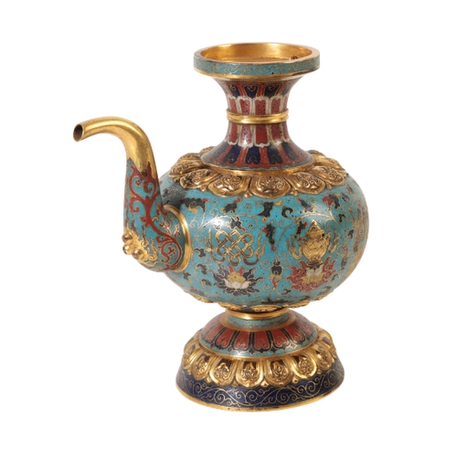 75 - A CHINESE CLOISONNE TIBETAN STYLE EWER with finely chased gilt-bronze mounts and a scrolling spout, ... 