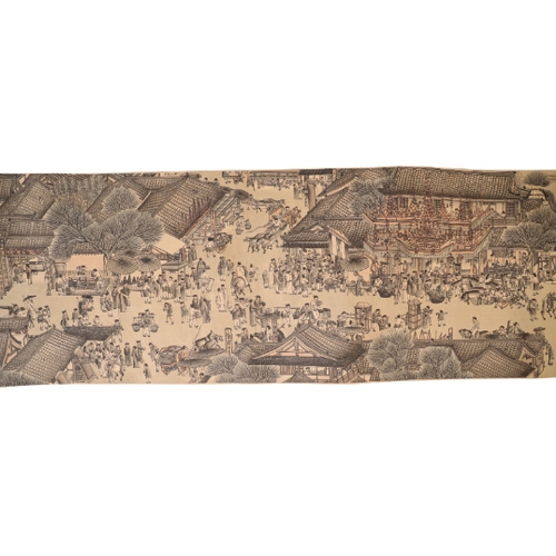 85 - CHINESE SCHOOL, a scroll depicting a continuous landscape with figures within a textile border, appr... 