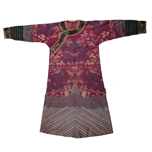 88 - A CHINESE PURPLE SCHOLAR'S SUMMER ROBE decorated with five-clawed dragons chasing flaming pearls, cr... 
