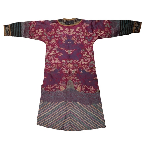 88 - A CHINESE PURPLE SCHOLAR'S SUMMER ROBE decorated with five-clawed dragons chasing flaming pearls, cr... 