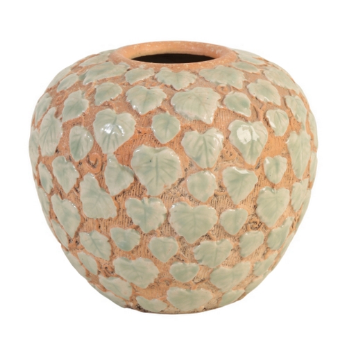 90 - A JAPANESE CERAMIC VASE OF GLOBULAR FORM, carved with a vine leaf design highlighted in celadon glaz... 