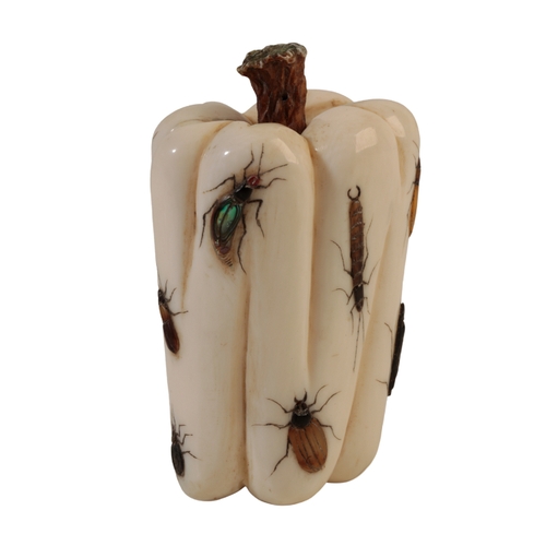 95 - A JAPANESE IVORY OKIMONO in the form of a pepper, with fine Shibayama decoration of insects, with a ... 
