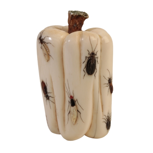95 - A JAPANESE IVORY OKIMONO in the form of a pepper, with fine Shibayama decoration of insects, with a ... 