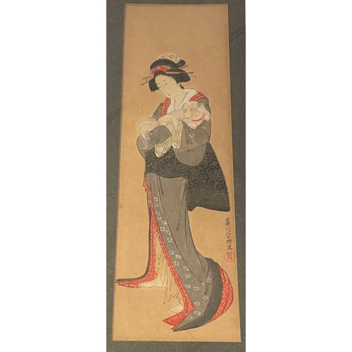 97 - JAPANESE SCHOOL A bird of prey perched on the trunk of a knarled pine tree, signed, coloured wood bl... 