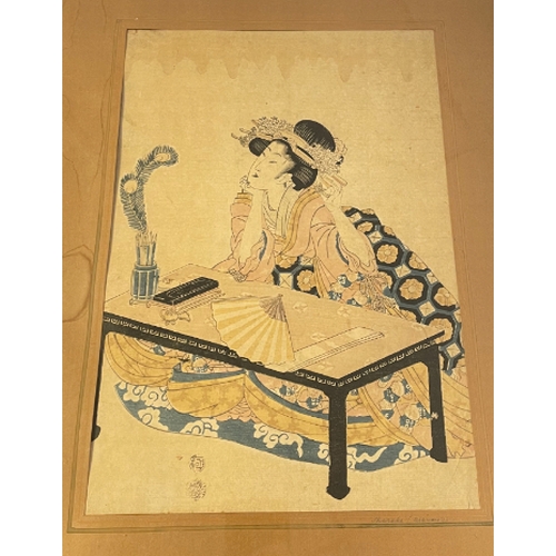 97 - JAPANESE SCHOOL A bird of prey perched on the trunk of a knarled pine tree, signed, coloured wood bl... 