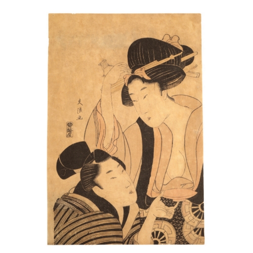 98 - BUNRO (act. 18th Century) Lovers' Portrait late 18th century, woodblock print on paper, 35cm x 23.5c... 