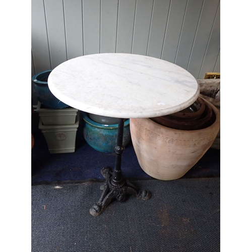 1 - CAST IRON CAFE TABLE WITH CIRCULAR MARBLE TOP