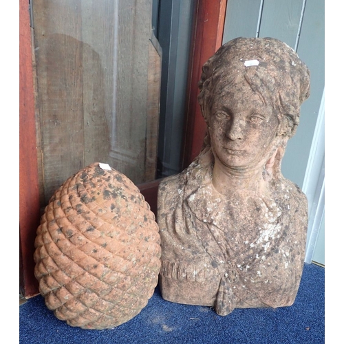 10 - A TERRACOTTA  STYLE CAST FEMALE BUST in a classical style, with a terracotta pineapple finial, both ... 