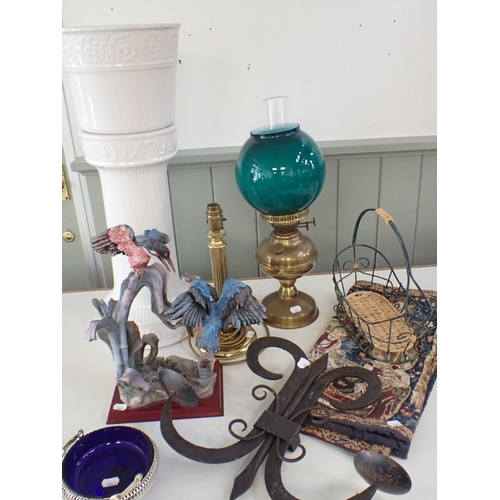 15 - A VICTORIAN OIL LAMP together with a collection of miscellaneous items including a table lamp, a wro... 