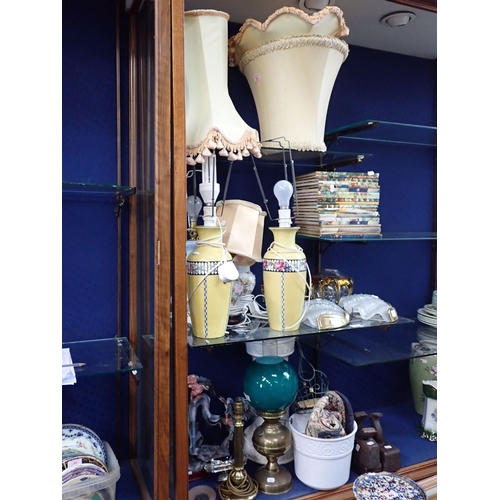 20 - A COLLECTION OF TABLE LAMPS with glass wall lights and glass shades, wooden planes, a whetstone and ... 