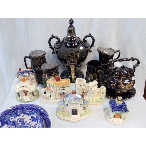 31 - A VICTORIAN 'JACKFIELD' TYPE TEA URN other similar ware, six reproduction Staffordshire cottages, an... 