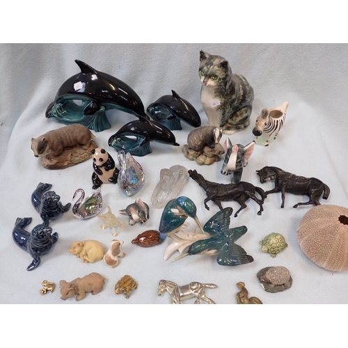 50 - POOLE POTTERY DOLPHINS, AND OTHER ANIMAL MODELS including a pressed glass lion